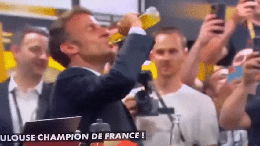 Macron é atacado após virar cerveja em comemoração esportiva